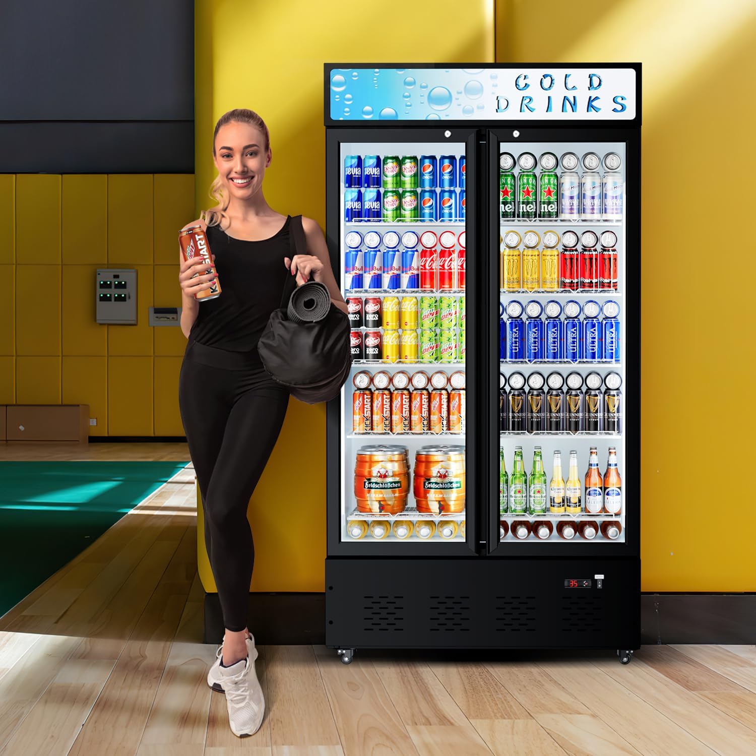 Commercial Beverage Refrigerator, 30 Cu.ft. Fridge Display Glass Door Upright Display Door with Adjustable Shelves LED Light for Restaurant,Grocery Stores,Office