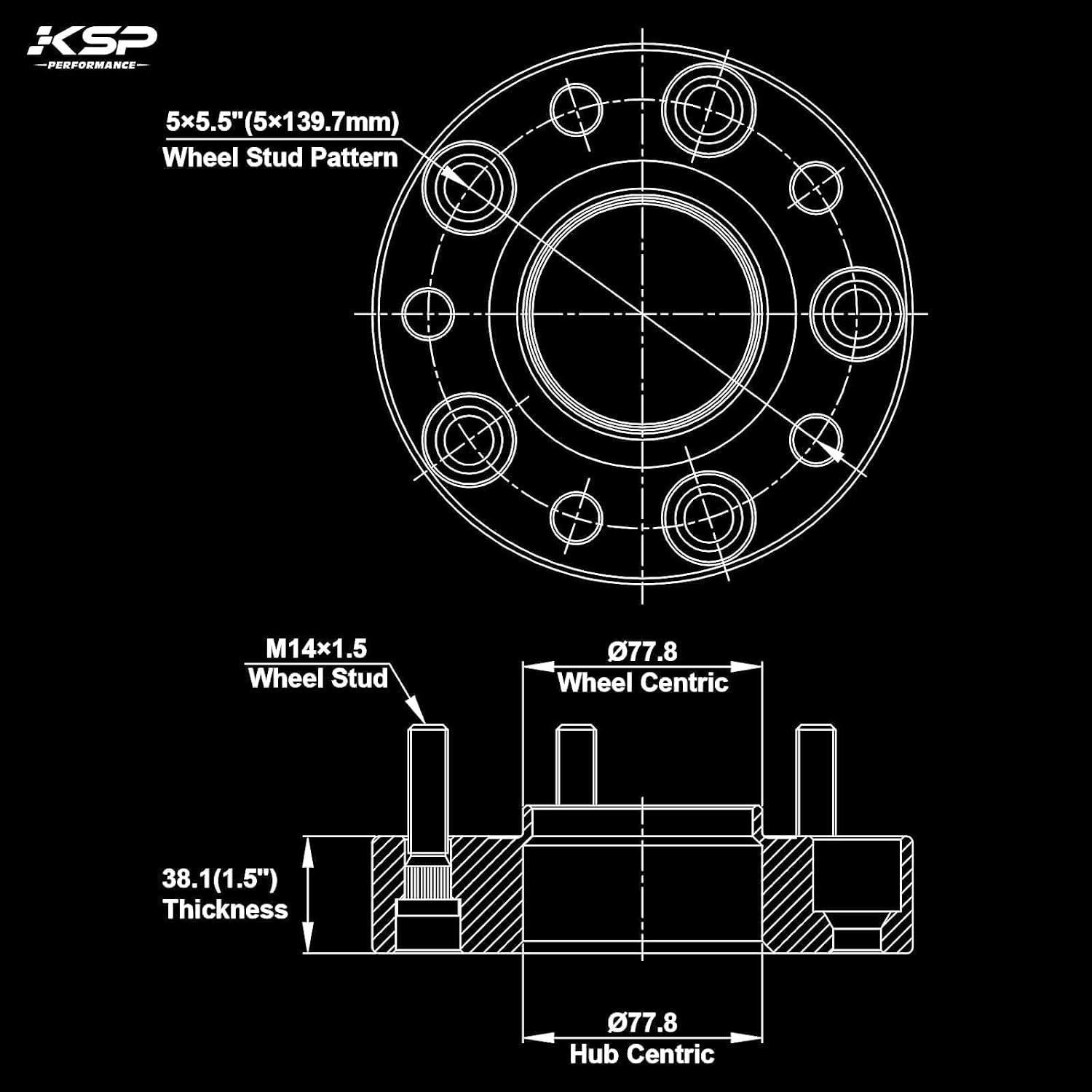 KSP 5X5.5 Ram 1500 Wheel Spacers, 1.5(38mm) 5x139.7mm to 5x139.7mm Hub Centric & 5 Lug Forged Wheel Spacers, Hub Bore 77.8mm Thread Pitch M14X1.5 for 2012-2018 Dodge Ram 1500, Package of 4Pcs Black