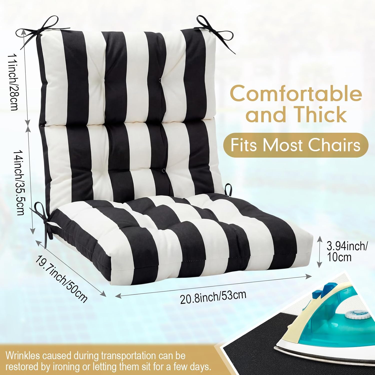Hoteam 4 Pcs High Back Chair Cushions Set - 44'' x 21'' Indoor Outdoor Waterproof Soft Thicken Stripes Replaceable Cushion for Garden Summer Rocking Chair, Patio Furniture (Black Stripes)
