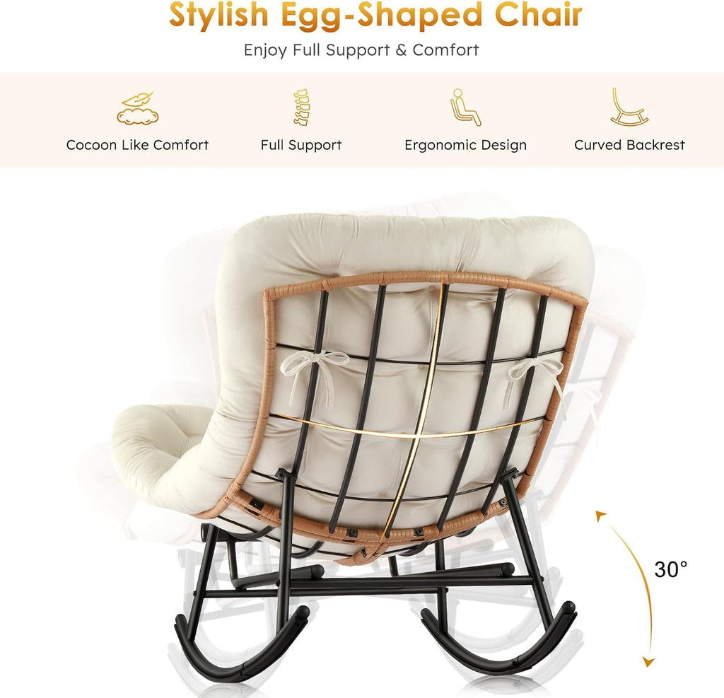 Takywep Rocking Chair - Oversized Outdoor Rocking Chairs with Footrest, Indoor Papasan Rocker Egg Chair for Bedroom, Living Room, Porch, Garden, Lawn (Beige-Flannel)