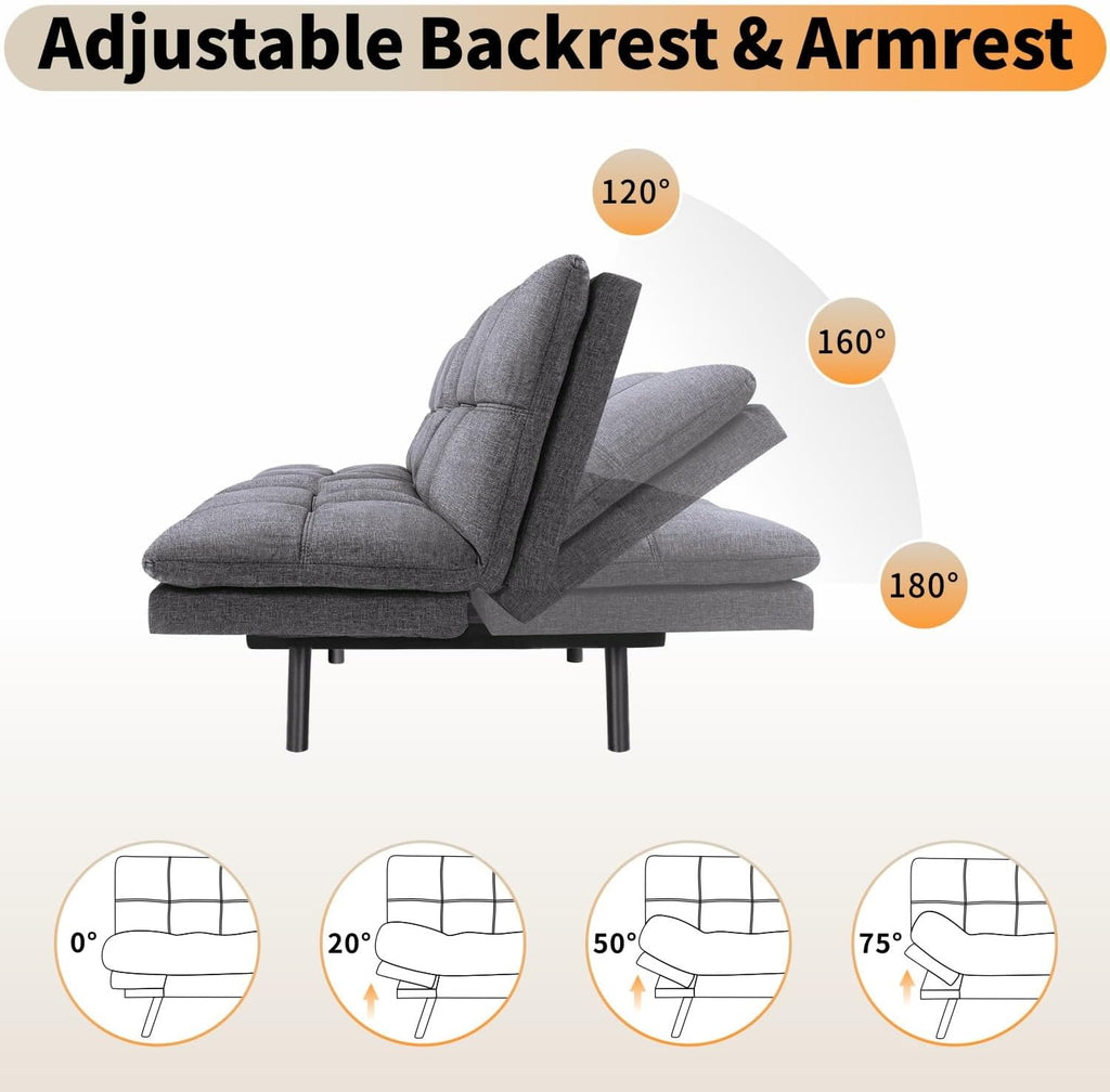 MUUEGM 71' Futon Sofa Bed, Cozy Convertible Loveseat Sleeper, Linen Fabric Couch with Adjustable Back & Arms for Living Room, Guest Room - Charcoal