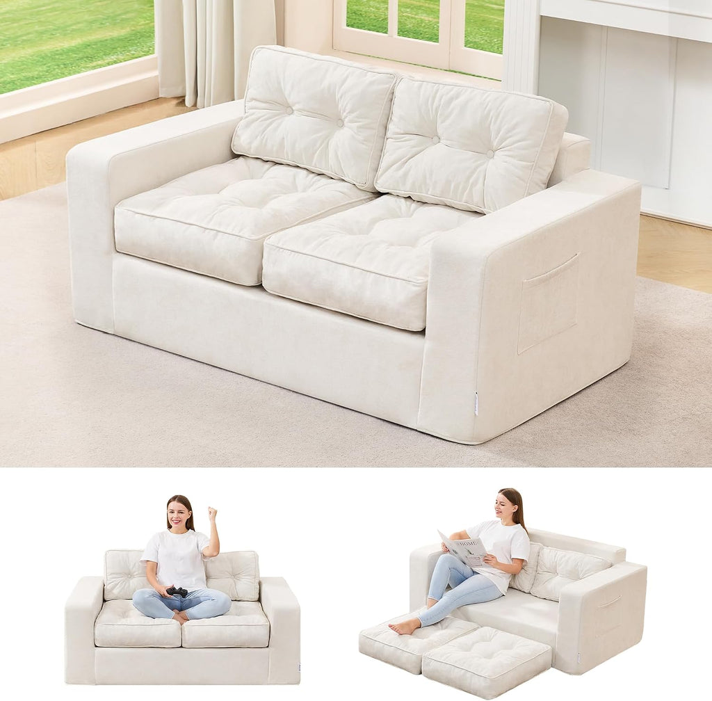 Hobestluk Sofa Couch Loveseat Sofa with Chenille Fabric 2-Seater Sofa for Small Spaces Comfortable Foam Floor Sofa 2 in 1 Boneless Couch for Living Room Bedroom Apartment or Office (Beige, Loveseat)