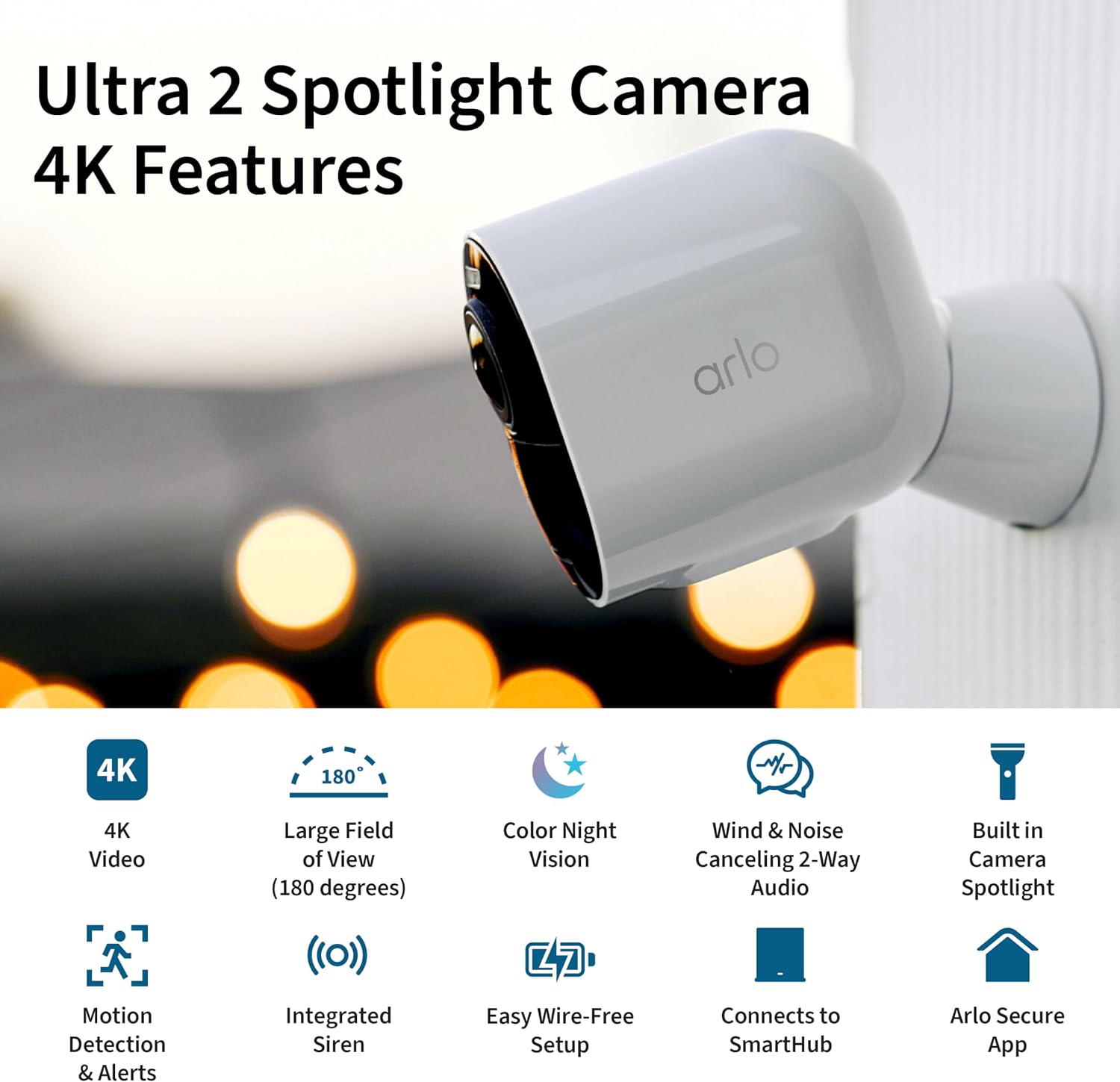Arlo Ultra Security Outdoor Camera 4K HDR (2nd Gen, 2020 Release) + SmartHub, Battery Power, Emergency Response, AI Event Captions, 1-Month Trial of Secure Plan, 180° Field of View, 2 Cam, Black