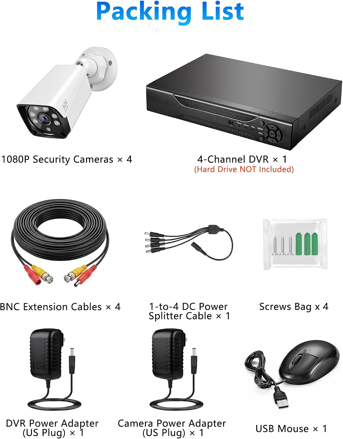 KEPEAK Wired Security Camera System Indoor Outdoor, Motion Detection, Remote Access, 4pcs 1080P Surveillance CCTV Cameras, H.265+ 4CH DVR(NO HDD)