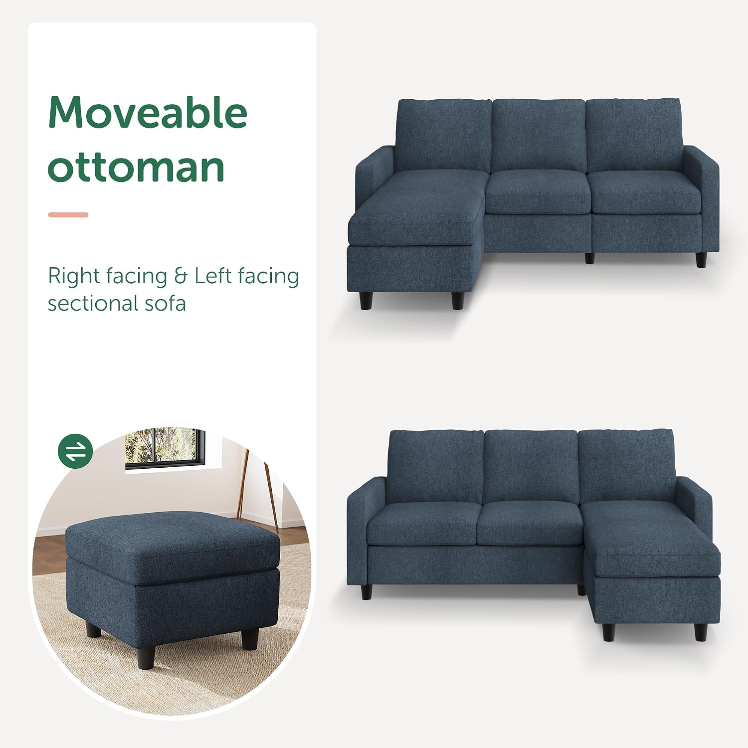 HONBAY Convertible Sectional Sofa, L Shaped Couch with Reversible Chaise for Small Space, Mid Blue