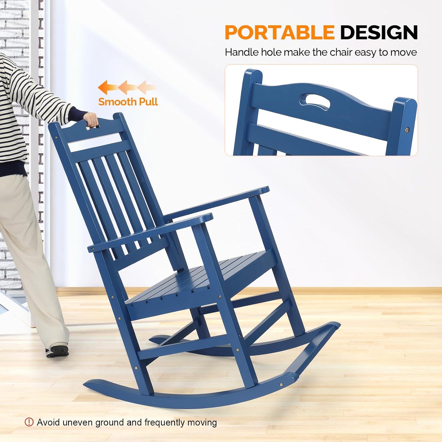 VINGLI Outdoor Rocking Chair with Footrest, Wooden Rocking Chair with 450 LBS Weight Capacity, Patio Rocker with Comfortable Backrest for Garden, Yard (Navy Blue, 2PCS)