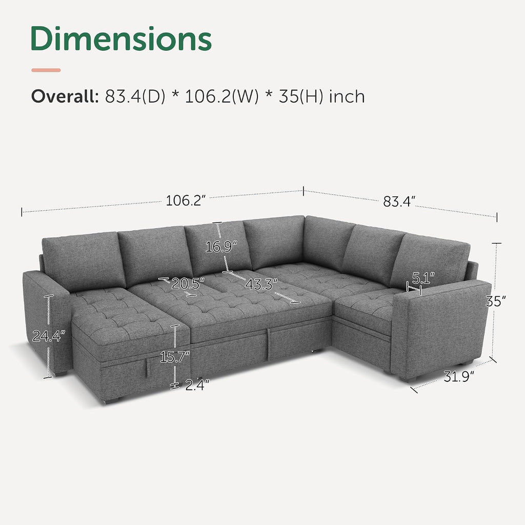 HONBAY Modular Sectional Sleeper Sofa with Pull Out Bed, Convertible L Shaped Couch with Storage Seat, Sectional Couches for Living Room,Grey