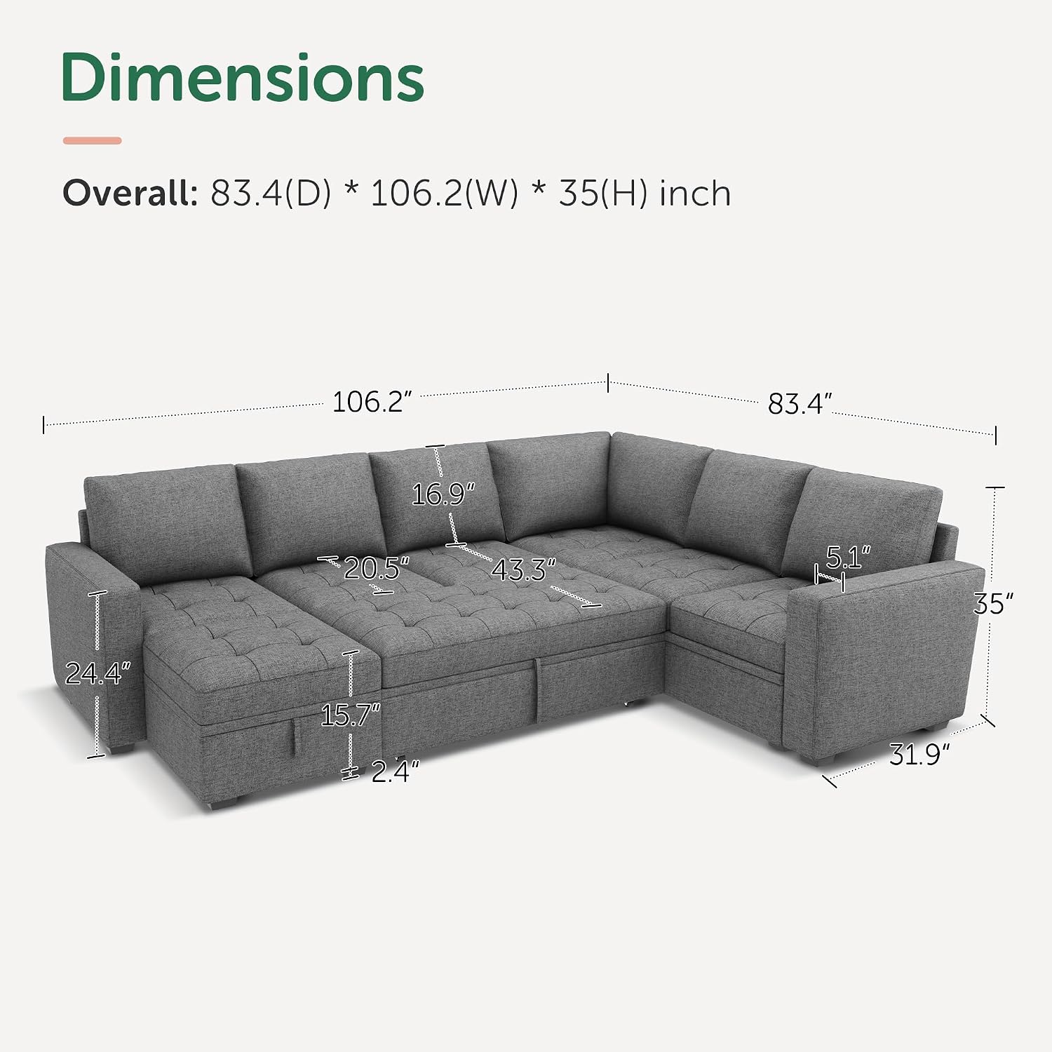 HONBAY Modular Sectional Sleeper Sofa with Pull Out Bed, Convertible L Shaped Couch with Storage Seat, Sectional Couches for Living Room,Grey