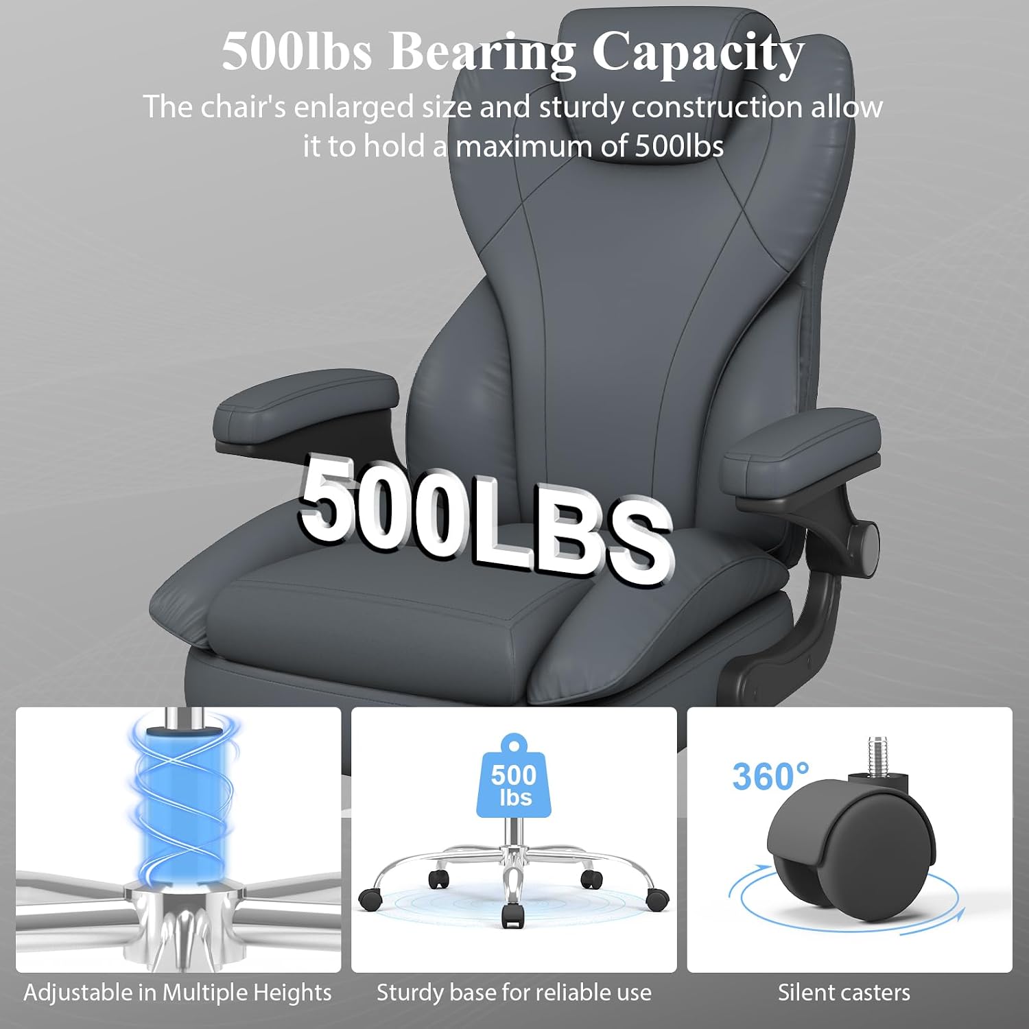 Office Desk Chair, Executive Leather Office Chair, High Back Ergonomic Home Desk Chair with Padded Flip-up Arms, Big and Tall Computer Chair with Rocking Function, 360°Swivel Free, Gray