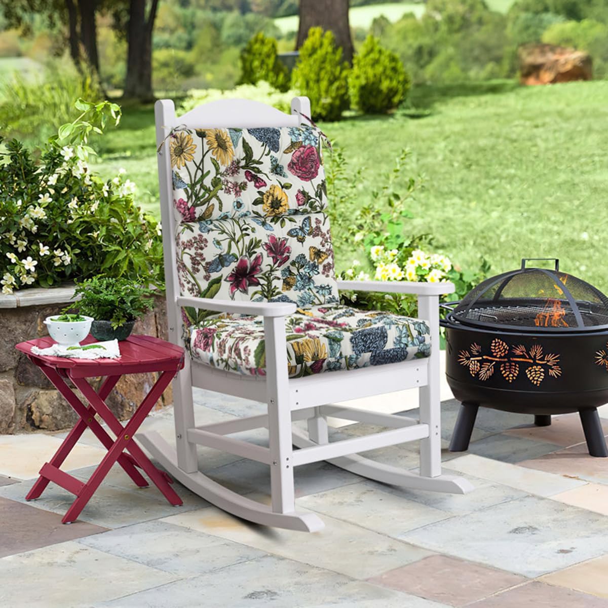 FUNHOME Outdoor High Back Chair Cushions Set of 2,Reversible Lawn Chair Cushion 44 x22 inch,Water Resistant Tufted Adirondack Chair Cushion,for Garden Rocking Chair,Patio Furniture(Butterfly Flower)