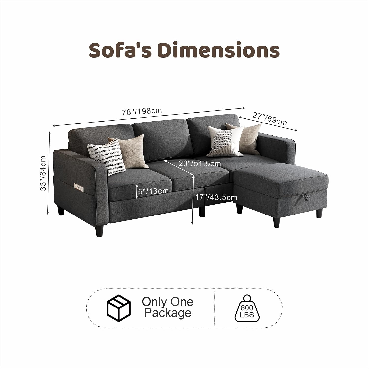 Grzyhem Sectional Sofas Couches for Living Room 78' L-Shaped Small Couch - Modern Linen Dark Grey Sofa with Storage Ottoman for Apartments, Studios Home Offices, Small Space