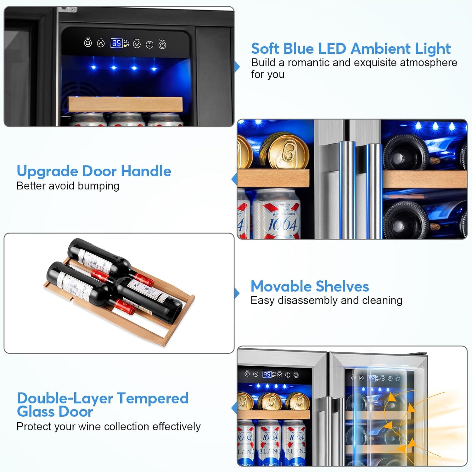FoMup Wine and Beverage Refrigerator with Glass Door, 24-Inch Dual Zone Wine Fridge Under Counter - 18 Bottle and 88 Can Large Capacity Led Blue Light Smart Fast Cooling Wine Cooler