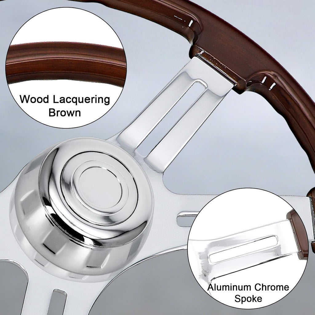Sorghum 18' Solid Wood Steering Wheel - 4 Spokes Aluminum Chrome Classic Steering Wheel with Horn Button for Semi-Trailers Trucks Compatible with Mack Kenworth Peterbilt Volvo Freightliner