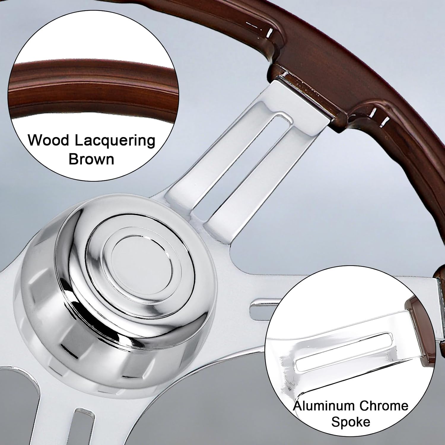Sorghum 18' Solid Wood Steering Wheel - 4 Spokes Aluminum Chrome Classic Steering Wheel with Horn Button for Semi-Trailers Trucks Compatible with Mack Kenworth Peterbilt Volvo Freightliner