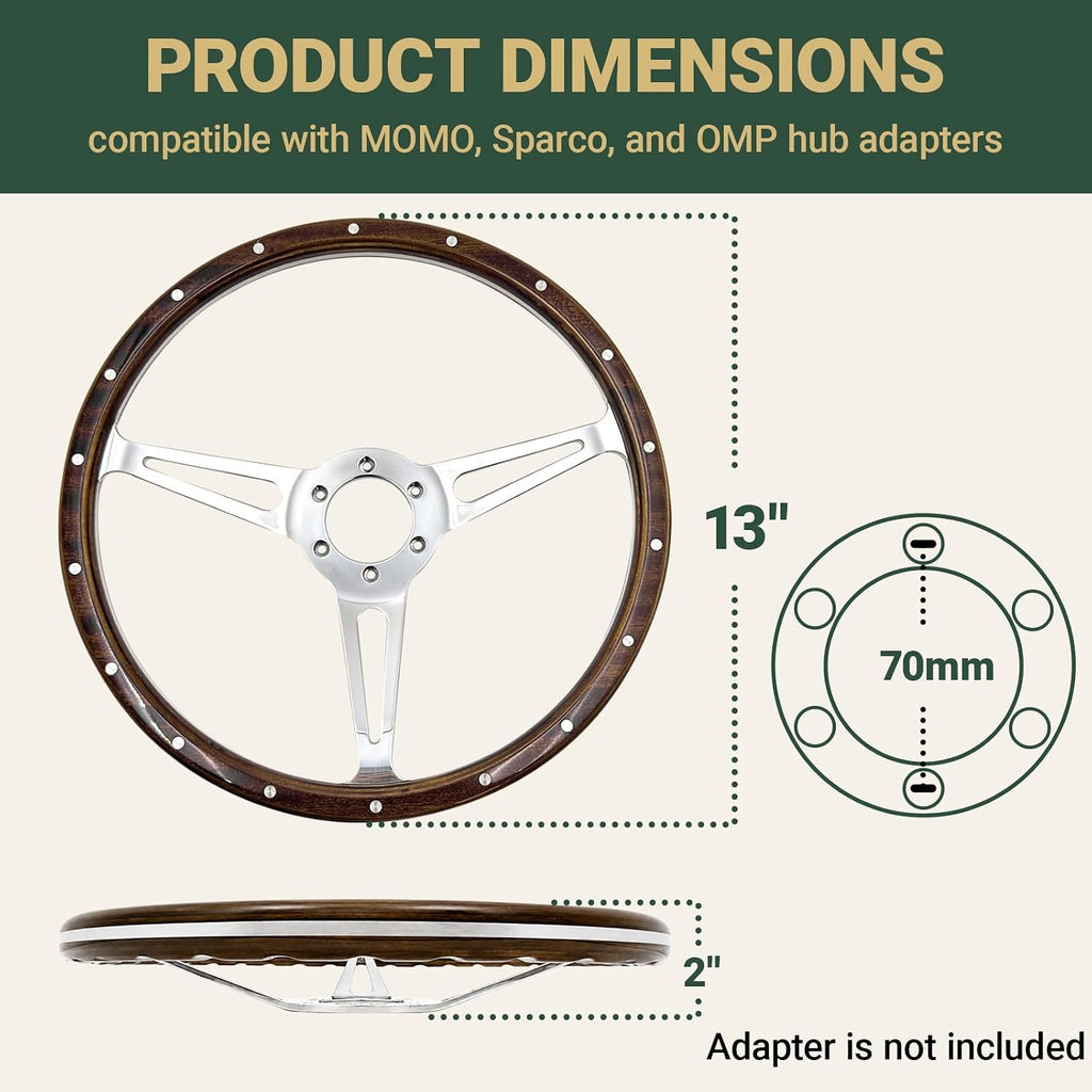 13'' Classic Riveted Laminated wood steering wheel