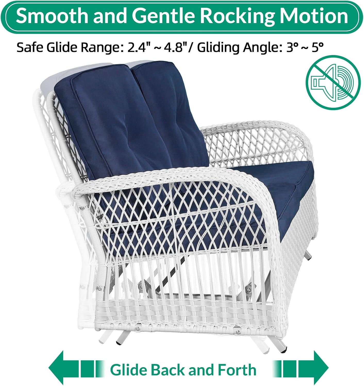 VIVIJASON 4-Piece Outdoor Patio White Wicker Conversation Sets, All Weather Rattan Furniture Set Includes Glider Loveseat, Coffee Table, 2 Glider Rocker Chairs w/Cushion for Lawn Balcony, Navy Blue