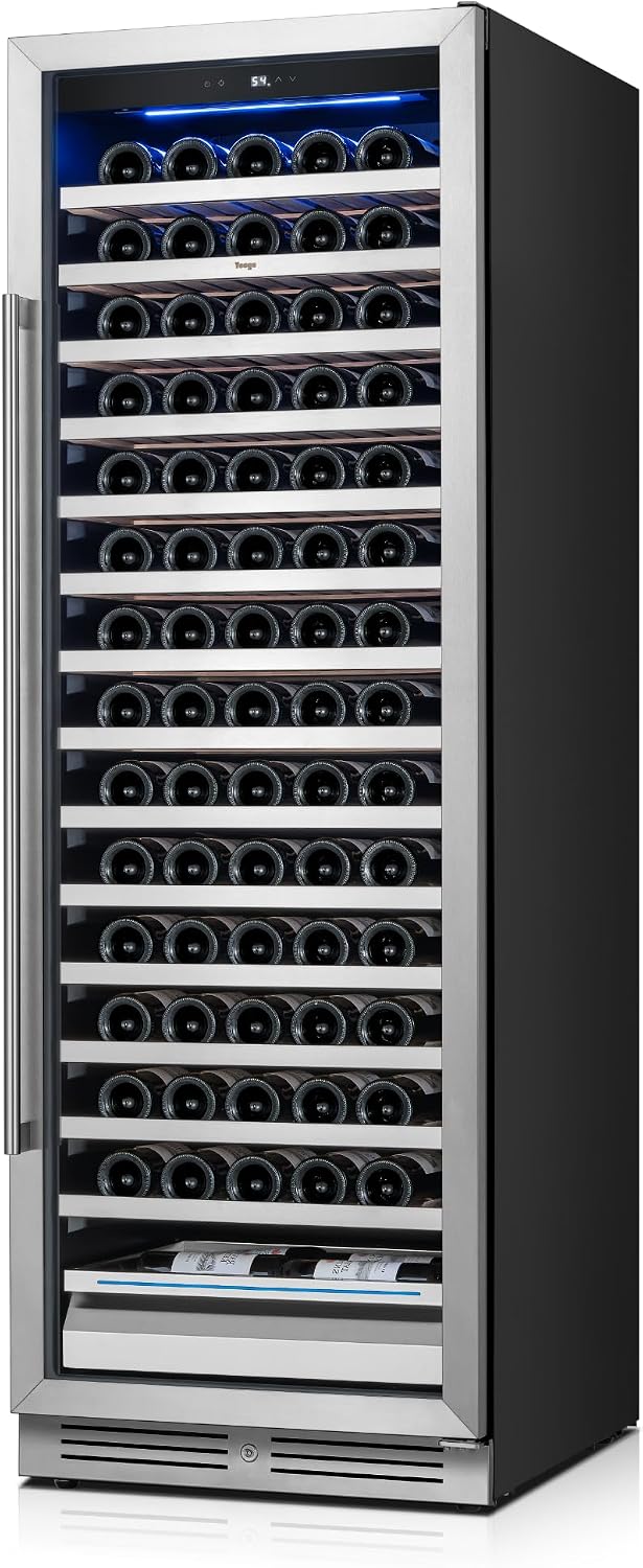 Yeego 24 Inch Wine Cooler Fridge – Wine Refrigerator 40°F-65°F, 304 Stainless Steel Glass Door Lock, Temperature Memory Blue & White LED Built-in Fridge with Adjustable Shelves (165 Bottle)