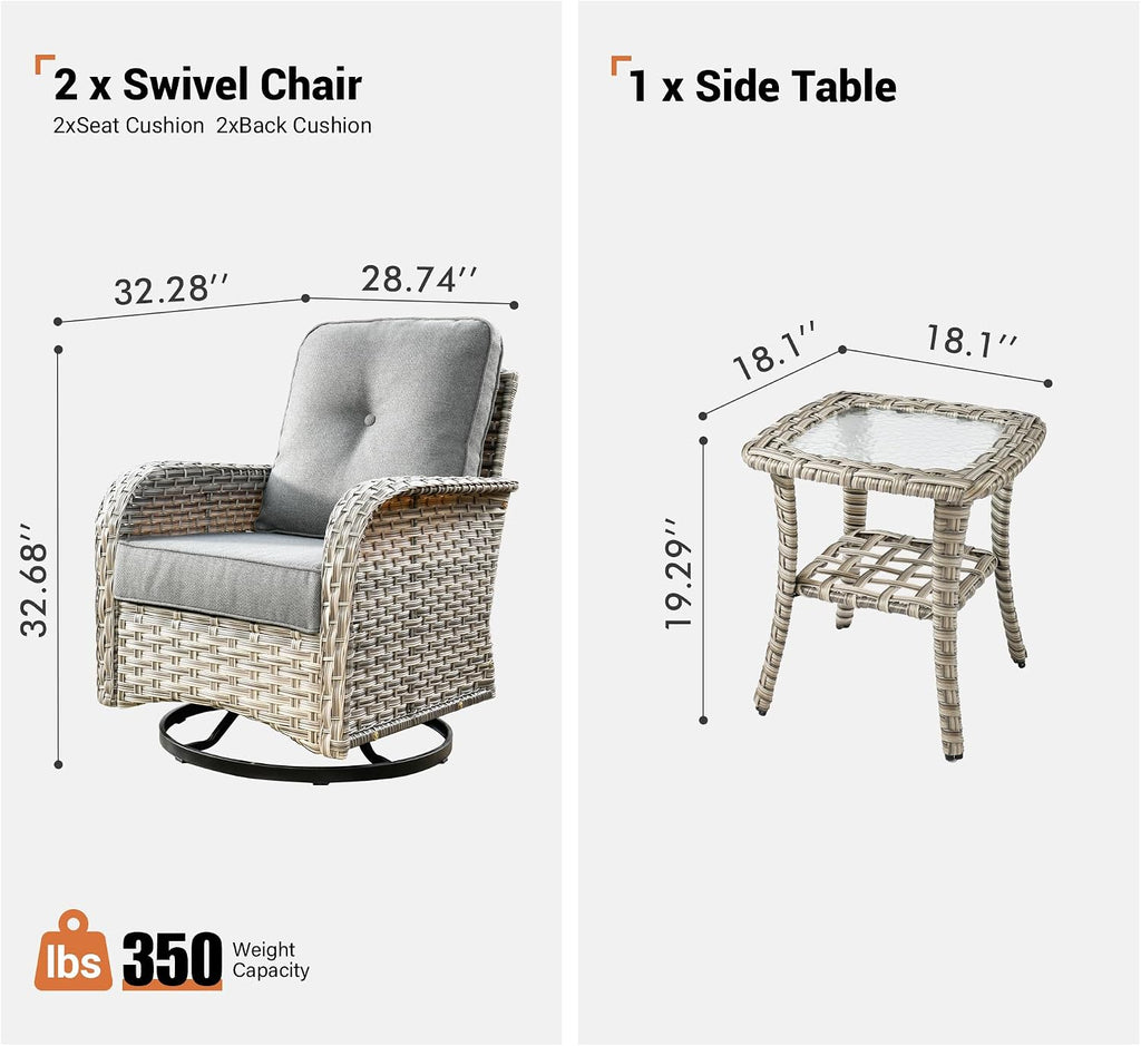 ovios Outdoor Swivel Rocking Chair Set of 3 with Coffee Table, Patio Wicker Rocker with Comfortable Thicken Deep Seating, Comfy Rattan Glider Chairs for Porch Deck Balcony Garden Backyard, Dark Grey