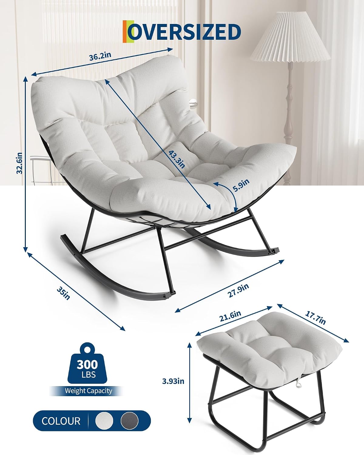 Oversized Papasan Rocking Chair with Footrest, 350Lbs Capacity Indoor/Outdoor Rocker, Metal Frame & Waterproof Cushion, Adjustable Patio Lounge Chair Rattan Egg Rocker for Porch, Garden, Living Room