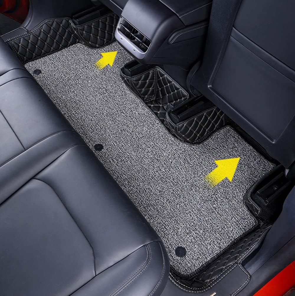 Compatible with Tesla Model Y(2020-2025) Floor Mats Luxury Leather + Topper Carpet Compatible with Tesla Model Y 5 Seater Floor Liners All-Weather (Black/Beige)