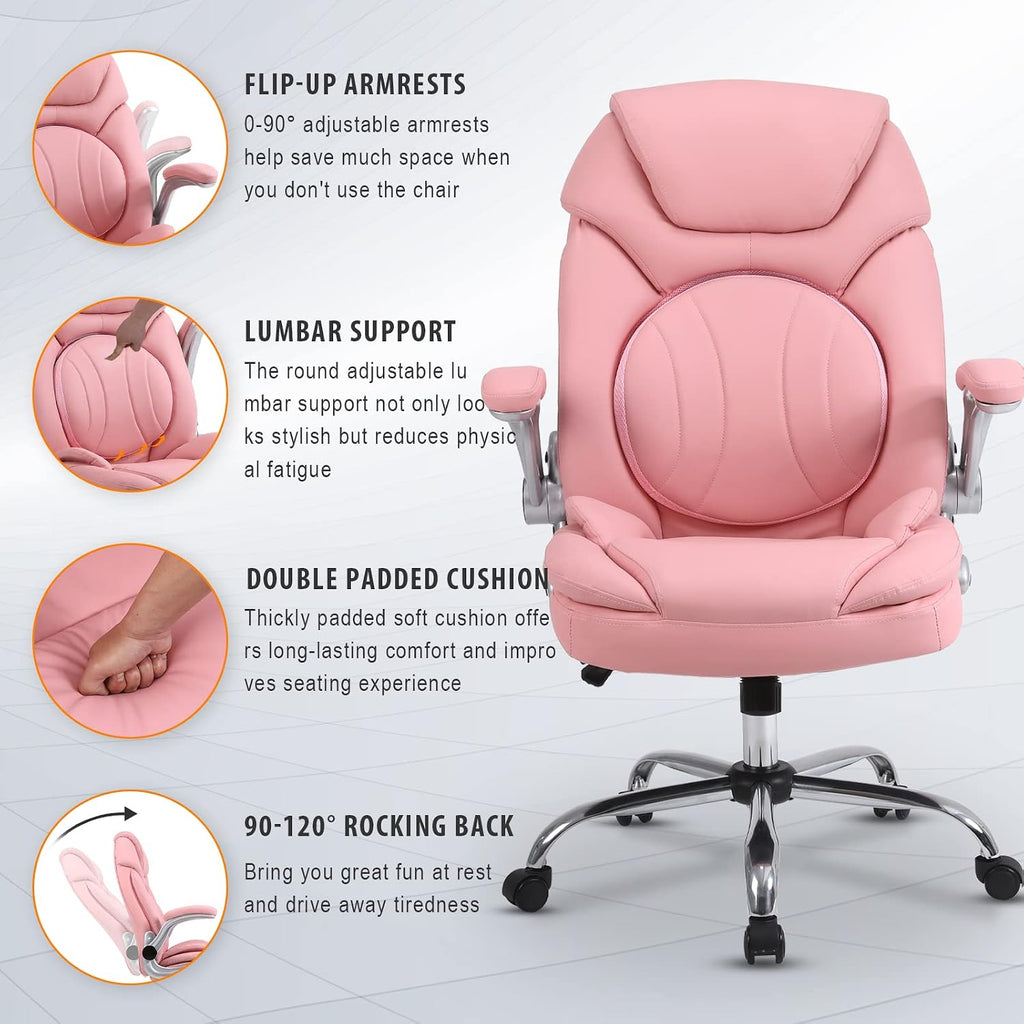 Ergonomic Executive Office Chairs with Adjustable Lumbar Support, 90-120° Rocking Managerial Chair Swivel Desk Chairs with Padded Flip-up Armrests (Pink), Medium(300lbs)