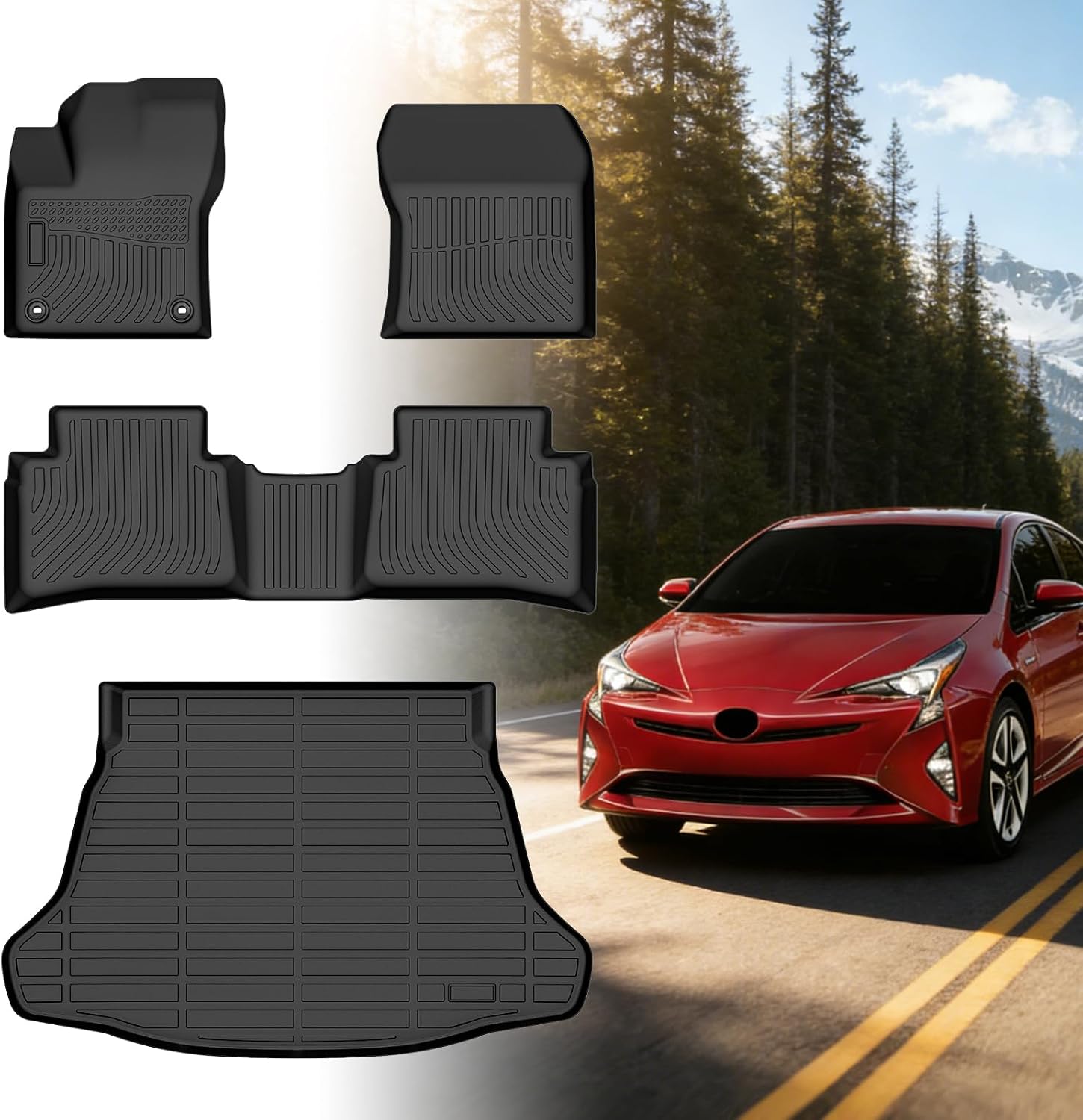 Floor Mats for Toyota Prius 2016 2017 2018 2019 2020 2021 2022(NOT for Prius c or Prius v), Front Rear Mats & Cargo Liner, TPE Non-Slip Waterproof Summer Winter Car Accessories