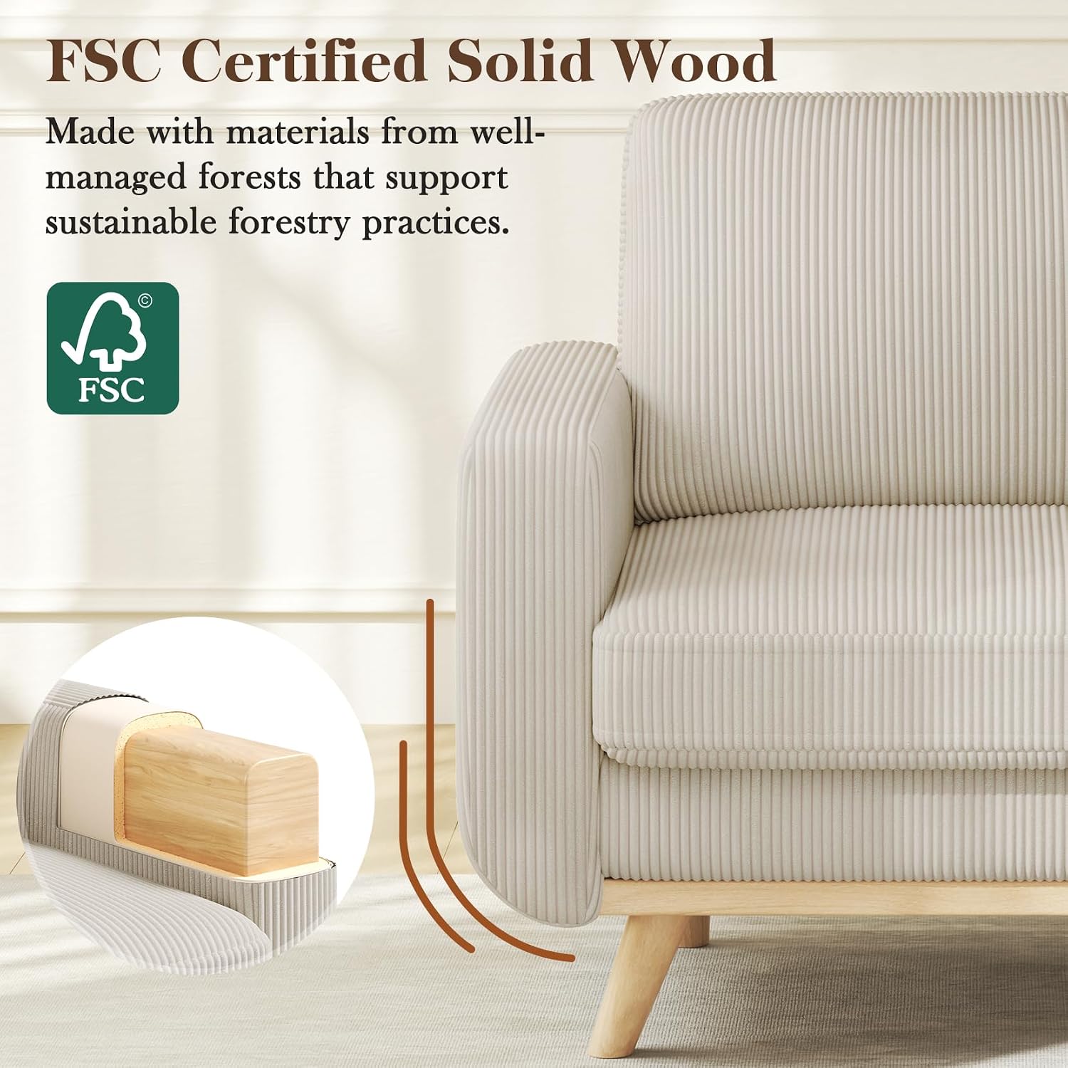 Vesgantti 38.5' Accent Chair Light Gray, Comfy Corduroy Single Sofa Seat with Spring Cushion, Upholstered Armchair with Deep Seat, Reading Chair for Adults, Modern Sofa for Living Room, Bedroom