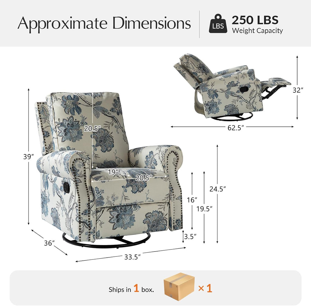HULALA Home Modern Rocker Recliner, Printed Fabric Swivel Glider with Adjustable Backrest & Footrest, JEACOBEAN