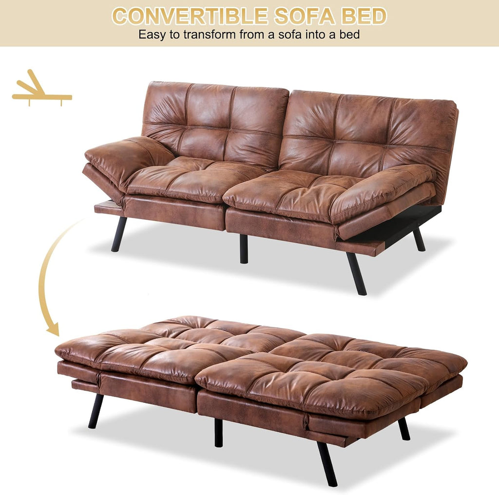 MUUEGM Futon Convertible Sofa Bed, Memory Foam Sleeper Couch,Modern Loveseat for Living Room,Adjustable Armrests Backrest Sofabed, Brown,Faux Leather.