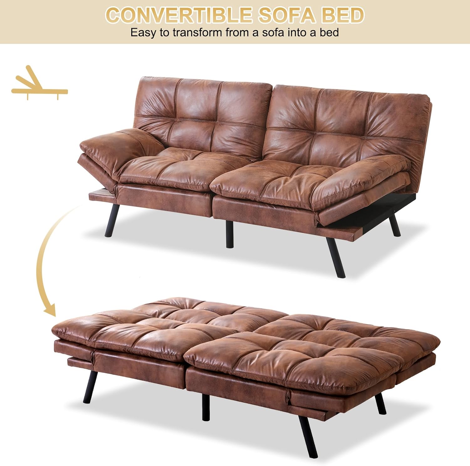 MUUEGM Futon Convertible Sofa Bed, Memory Foam Sleeper Couch,Modern Loveseat for Living Room,Adjustable Armrests Backrest Sofabed, Brown,Faux Leather.