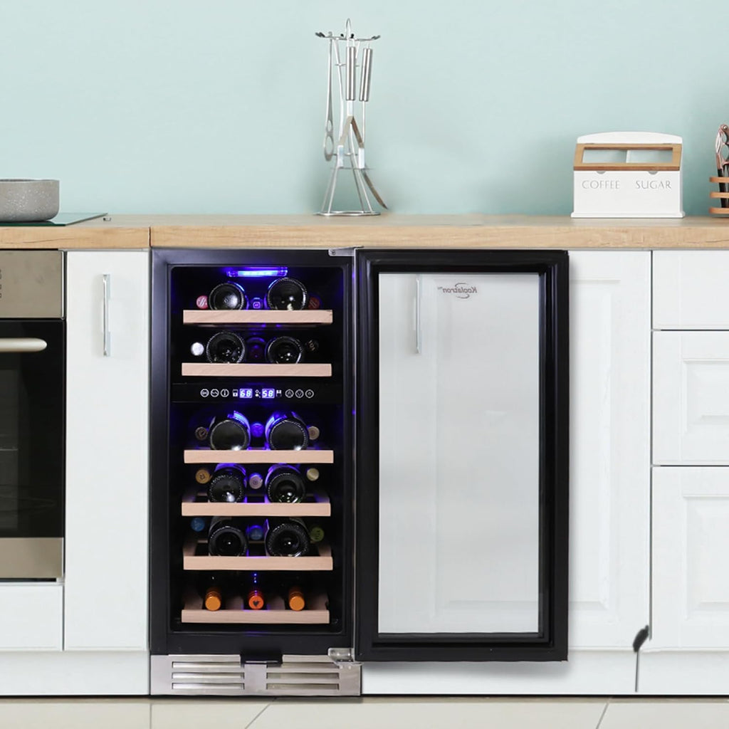 Koolatron 28 Bottle Wine Fridge Dual Zone Built-In Wine Cooler with Glass Door Front Vent Beverage Can Bar Compressor Refrigerator Red White Wine Champagne 15-Inch 3.5 cu ft (Silver Black 100 L)