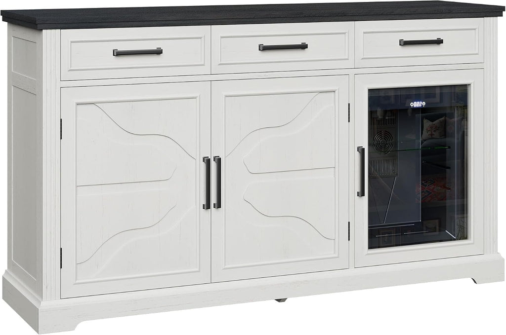 LUXOAK 60' Farmhouse Coffee Bar Cabinet with Beverage Fridge (Included), Wine Bar Cabinet with Drawer Storage, Mini Fridge Cabinet, Sideboard Cabinet for Dining Room, Living Room-White