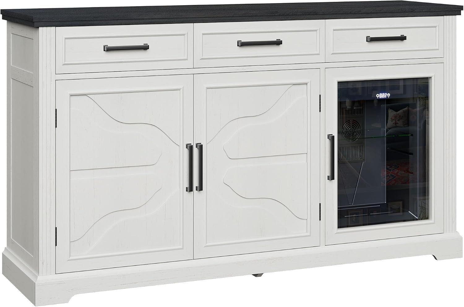 LUXOAK 60' Farmhouse Coffee Bar Cabinet with Beverage Fridge (Included), Wine Bar Cabinet with Drawer Storage, Mini Fridge Cabinet, Sideboard Cabinet for Dining Room, Living Room-White