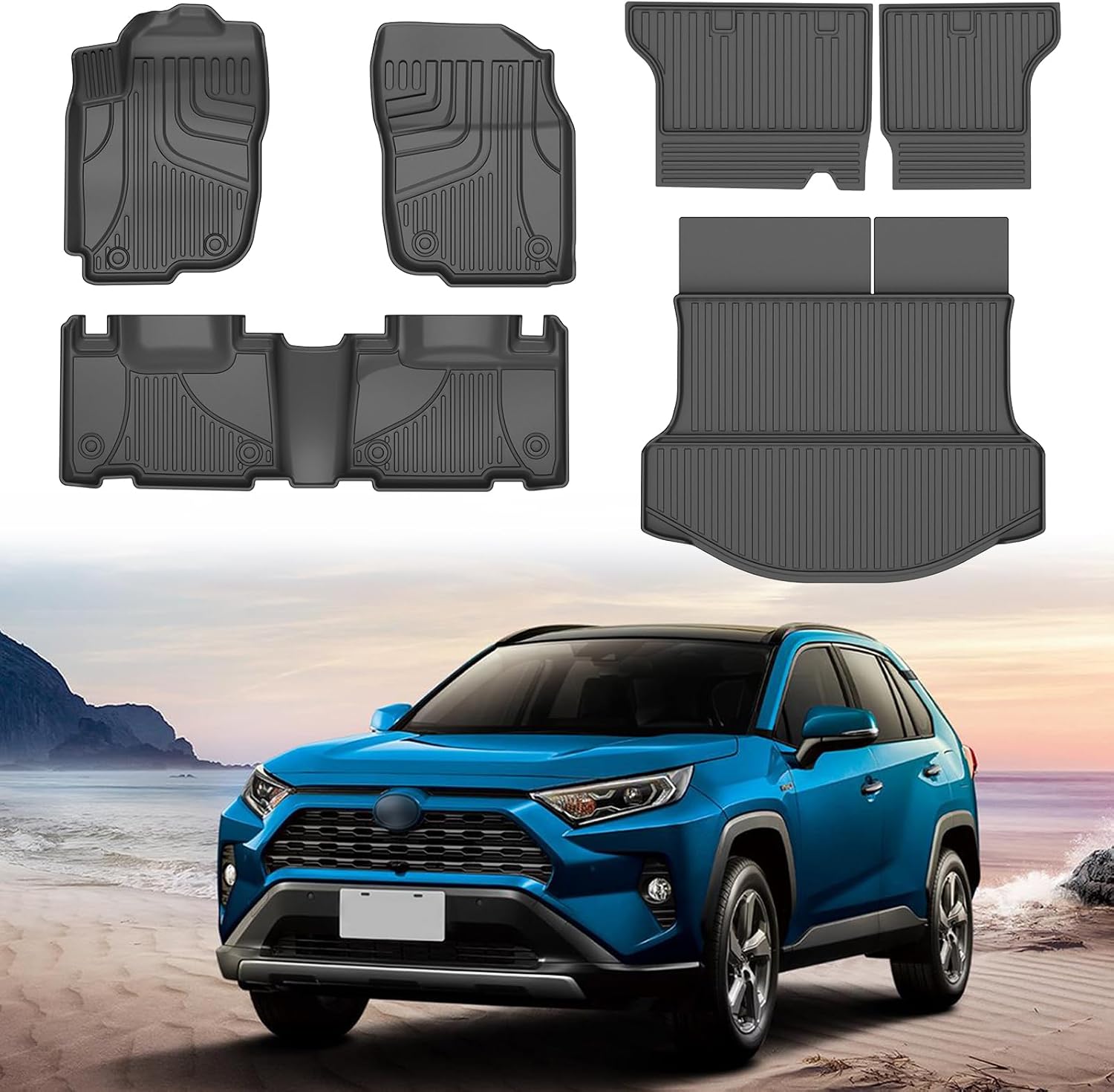 AOMSAZTO Floor Mats for Toyota RAV4 2013-2018 (Not for Hybrid) Full Set All Weather TPE Custom Fit Floor Mats for Toyota RAV4 1st & 2nd Row Car Mats Trunk Frunk Mat