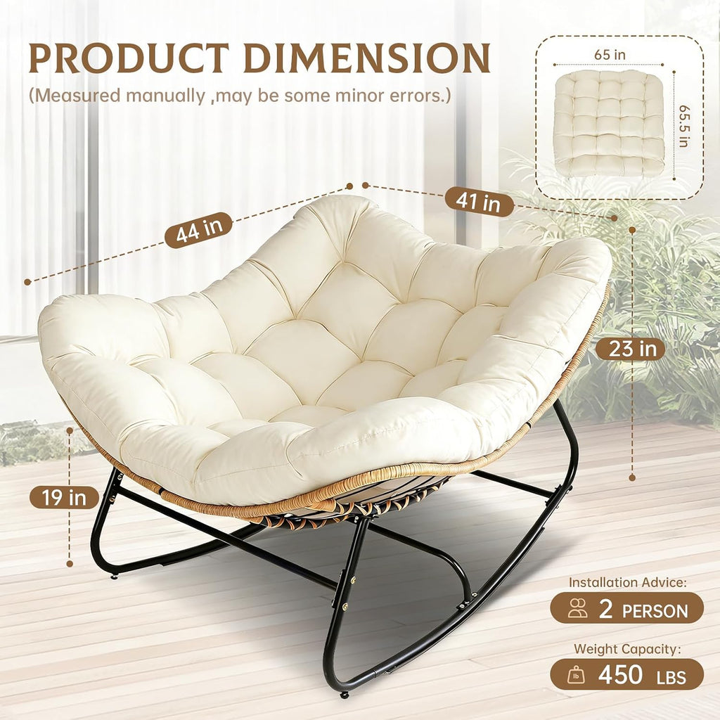 SUNCROWN Oversized Wicker Rocking Chair Indoor Outdoor, 450 LBS Heavy Duty Patio Papasan Egg Chair with Cushion, E-Coated Frame Lounge Rocker for Garden Balcony Porch Living Room (Beige)