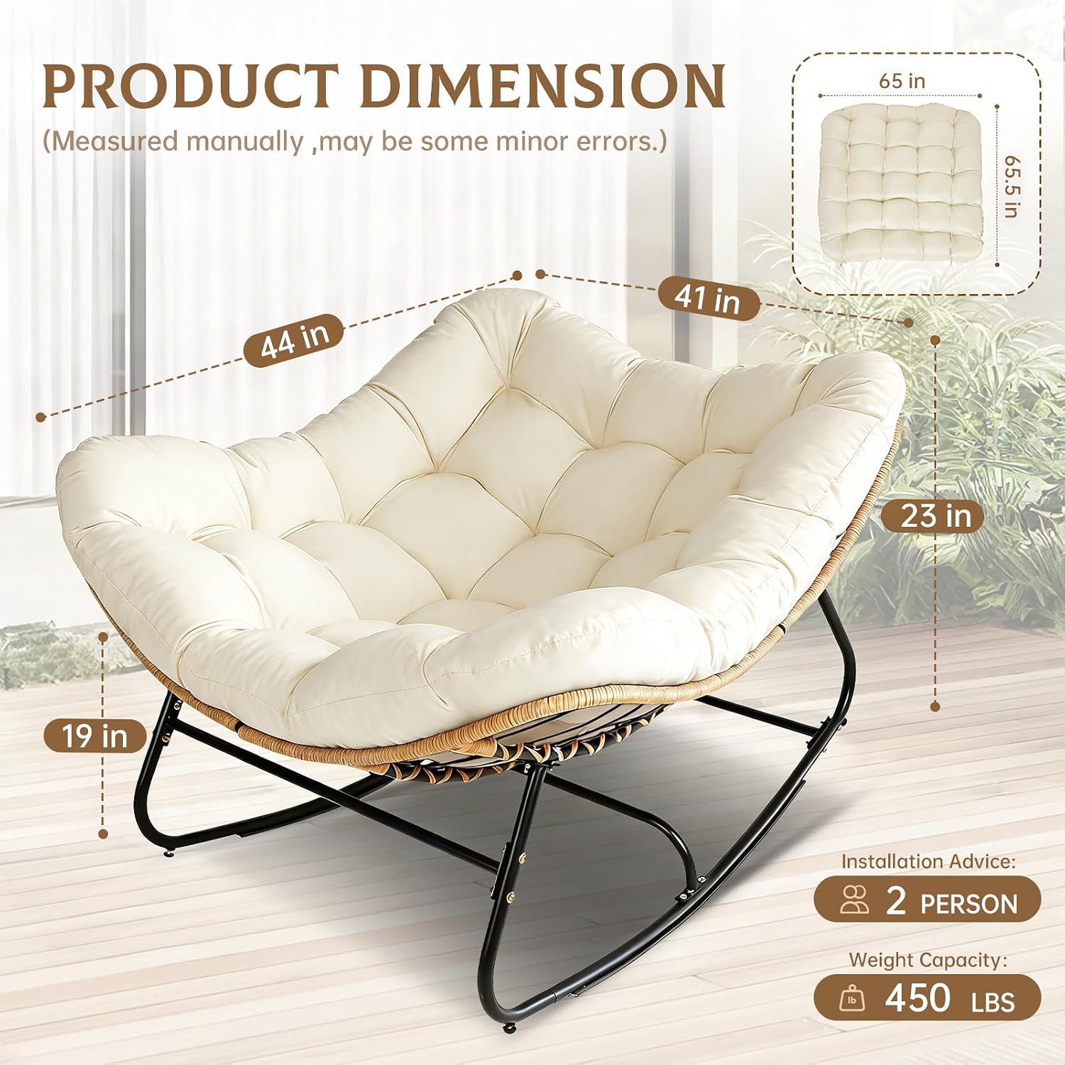 SUNCROWN Oversized Wicker Rocking Chair Indoor Outdoor, 450 LBS Heavy Duty Patio Papasan Egg Chair with Cushion, E-Coated Frame Lounge Rocker for Garden Balcony Porch Living Room (Beige)