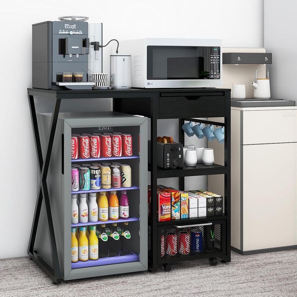 PUNCIA Coffee Bar Cabinet with Mini Fridge Space, Mini Fridge Stand with Power Outlet and Drawer, Wine Refrigerator Stand with Work Platform, Microwave Oven Rack for Dorm, Home Kitchen, Black