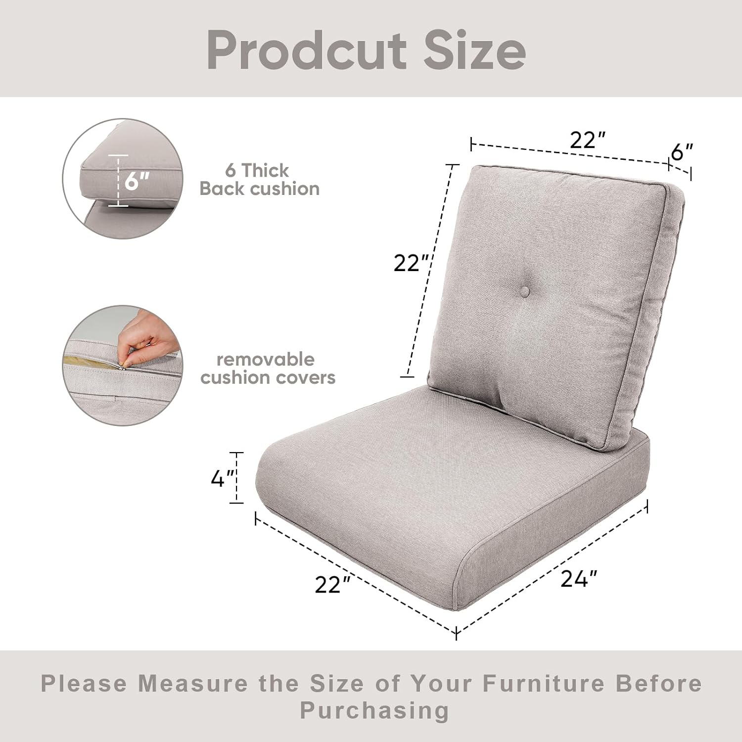Outdoor Wicker Chair Cushions 2 Packs - Outside High Back Thick Water-Resistant Cushion 22x24 with Zipper Cover for Patio Glider Rocking Chairs Loveseat Couch – Beige/Buckle