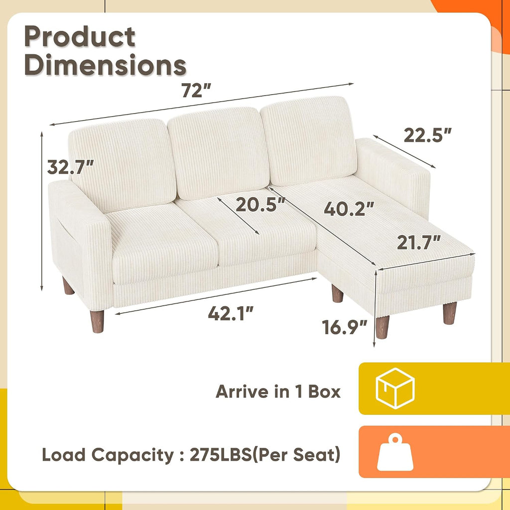 YESHOMY Couches for Living Room, Sofa with Movable Ottoman, Small Couch with Reversible Chaise and Side Pockets, L Shaped Couch for Small Space, Apartment (Corduroy, Cream)