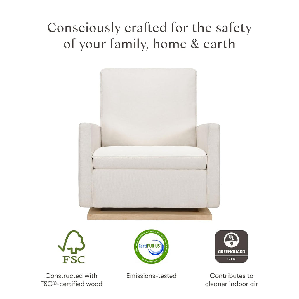 Babyletto Cali Pillowback Chair and a Half Glider in Performance Cream Eco-Weave with Light Wood Base, Water Repellent & Stain Resistant, Greenguard Gold and CertiPUR-US Certified