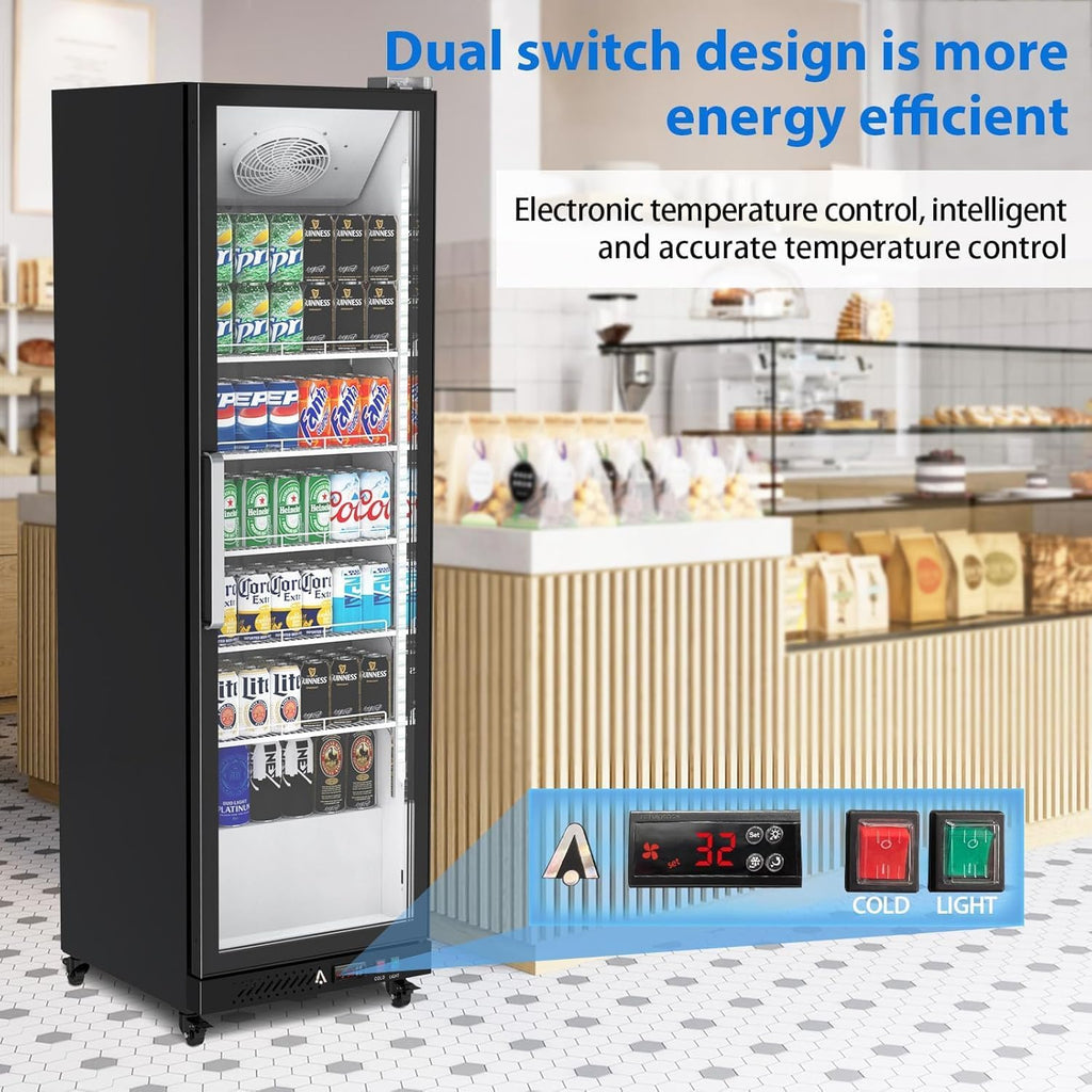 PeakPursuit Commercial Display Refrigerator, 12.4 Cu.Ft. Beverage Refrigerator Glass Door Beverage Cooler, Upright Merchandiser Cooler Display Fridge With LED Light and Adjustable Shelves