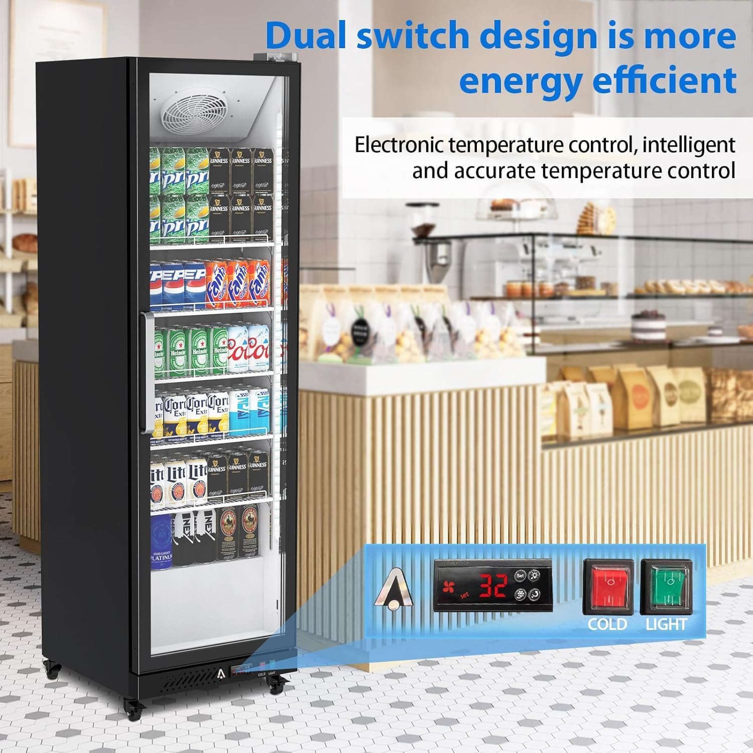PeakPursuit Commercial Display Refrigerator, 12.4 Cu.Ft. Beverage Refrigerator Glass Door Beverage Cooler, Upright Merchandiser Cooler Display Fridge With LED Light and Adjustable Shelves