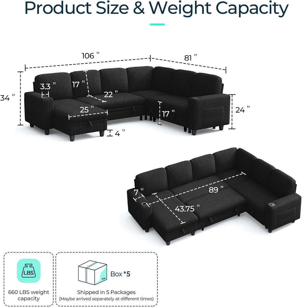 LINSY HOME Sectional Sleeper Sofa with Pull Out Couch Bed - Convertible Plush Corduroy Cloud Couch with Storage Chaise & USB Charging, Comfy Modular Couches for Living Room, Black