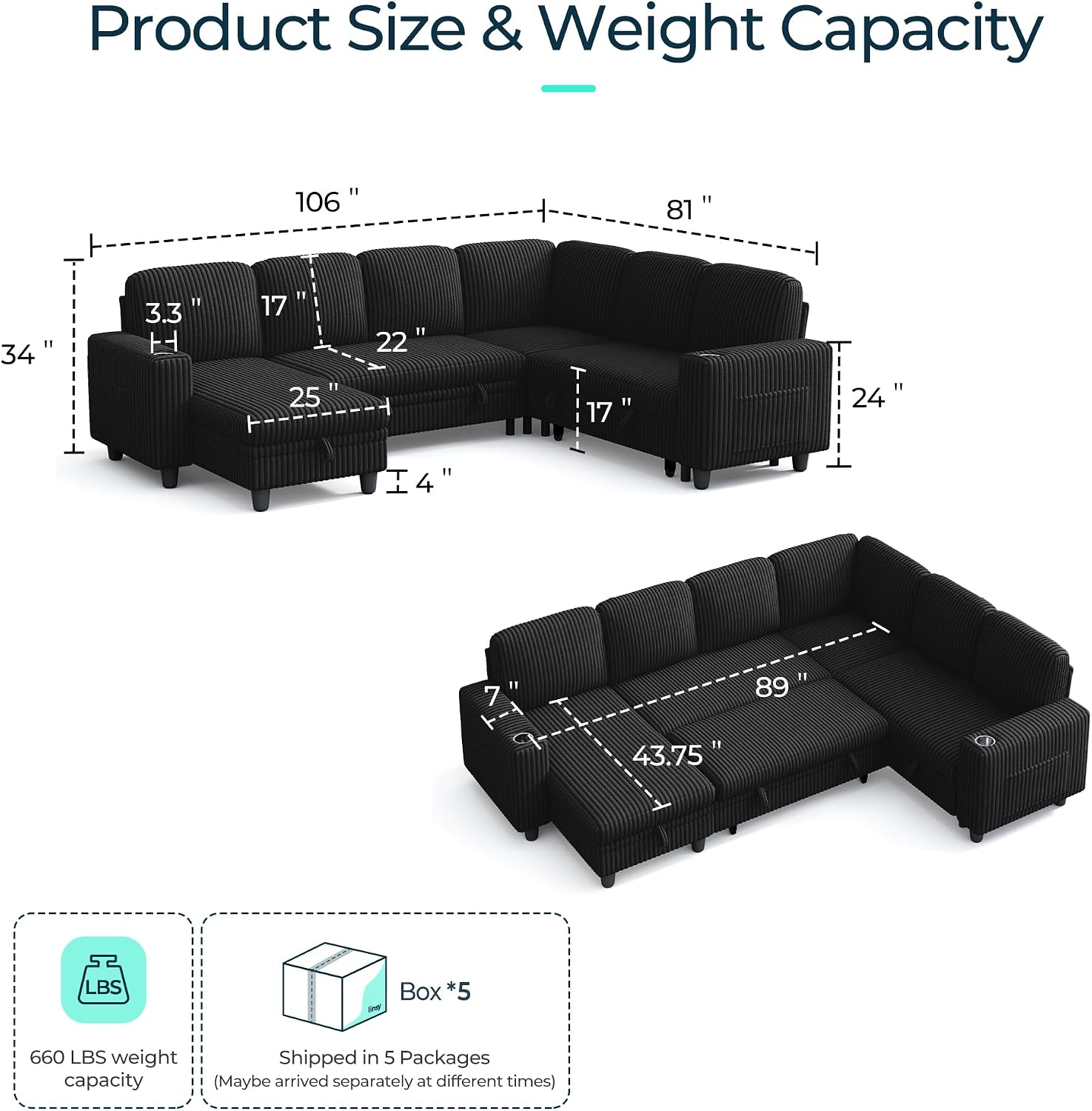 LINSY HOME Sectional Sleeper Sofa with Pull Out Couch Bed - Convertible Plush Corduroy Cloud Couch with Storage Chaise & USB Charging, Comfy Modular Couches for Living Room, Black