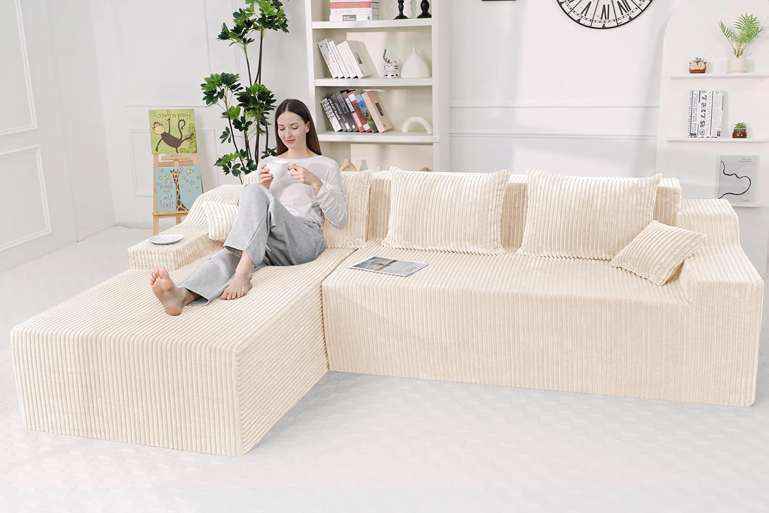 HABUTWAY 101'' Modular Sectional Sofa Cloud Couch with Deep Seat, Modern L-Shaped Convertible Couches Upholstered Couch with Chaise for Living Room Bedroom(Beige, Left-Facing Chaise)