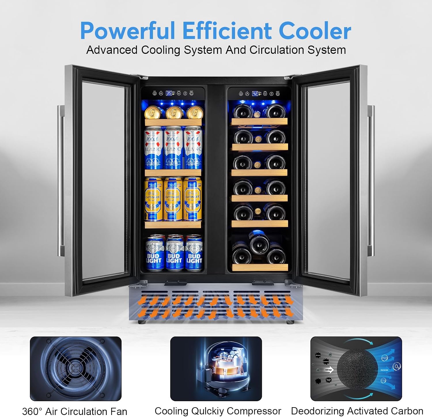FoMup Wine and Beverage Refrigerator with Glass Door, 24-Inch Dual Zone Wine Fridge Under Counter - 18 Bottle and 88 Can Large Capacity Led Blue Light Smart Fast Cooling Wine Cooler