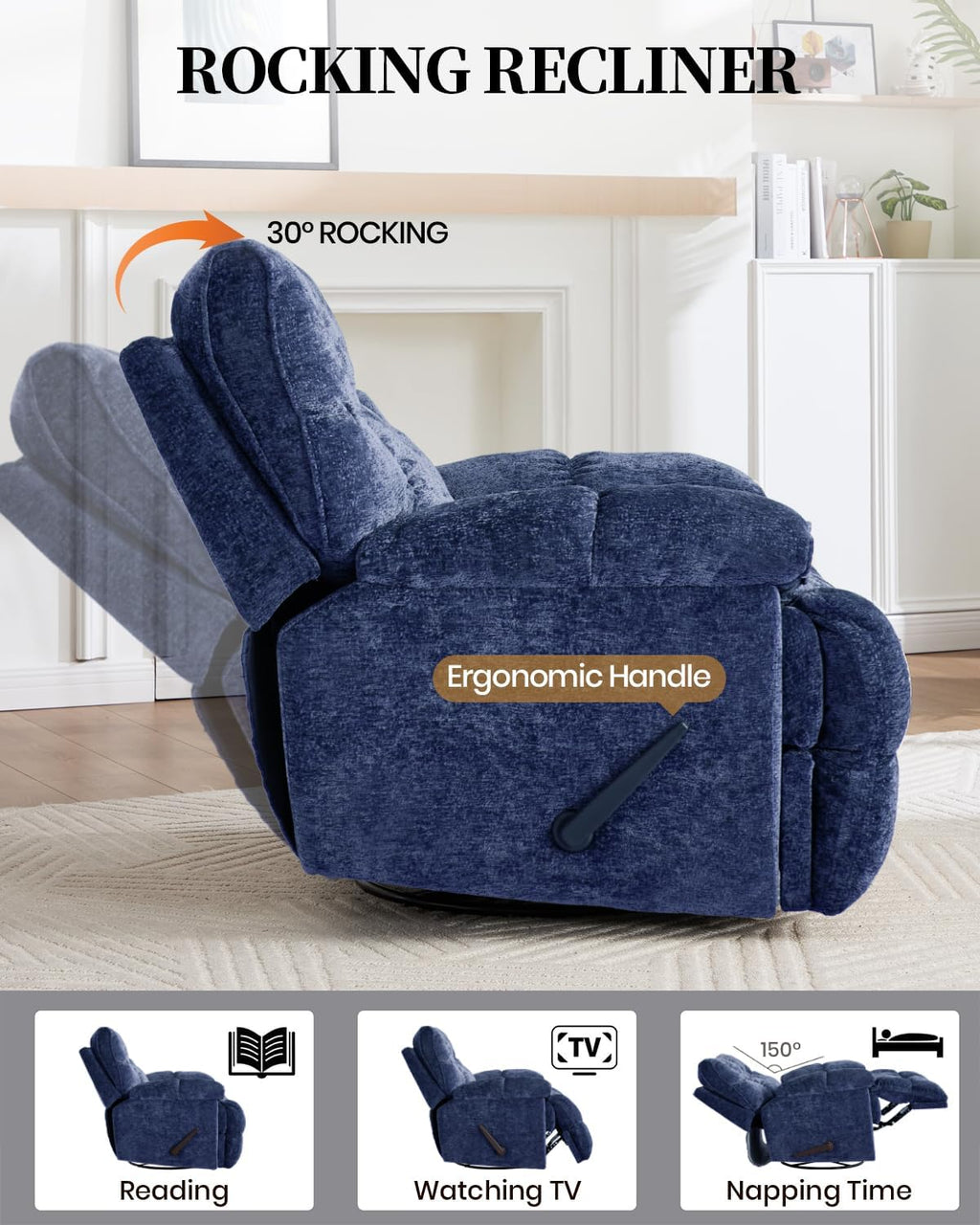 Oversized Manual Recliner Chair with 360° Swivel, Big and Tall Rocker Glider for Nursery Living Room, Chenille Overstuffed Reclining Sofa with Handle, 375lbs (Blue, Manual)