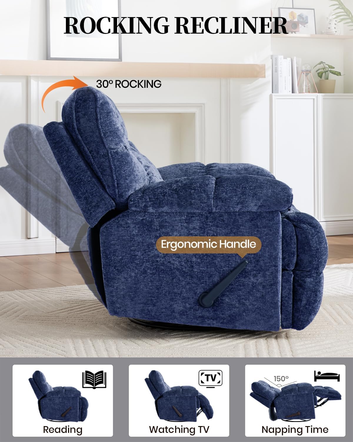 Oversized Manual Recliner Chair with 360° Swivel, Big and Tall Rocker Glider for Nursery Living Room, Chenille Overstuffed Reclining Sofa with Handle, 375lbs (Blue, Manual)
