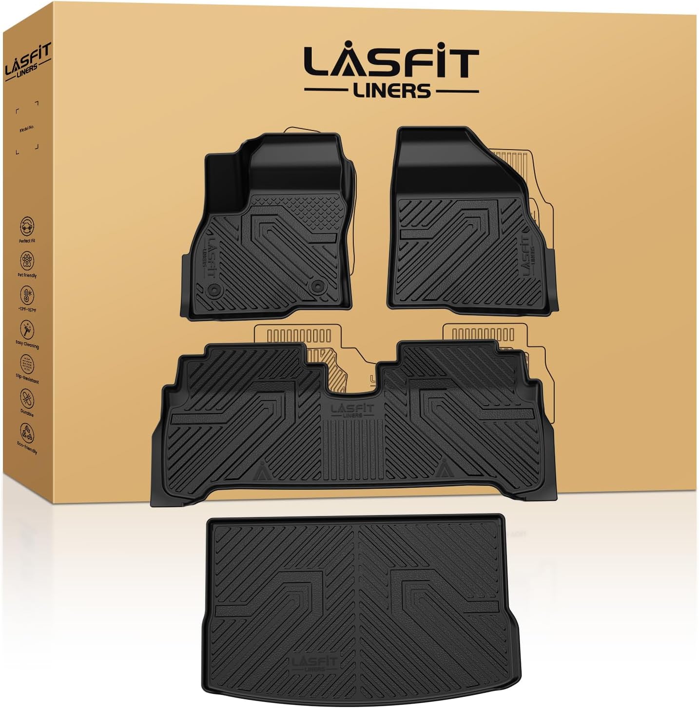 LASFIT Floor Mats & Cargo Liner for Chevy Bolt EV 2027/Bolt EUV 2022-2023 (Not EV), All Weather TPE Custom Fit Floor Mats for Car, Car Mats for Chevy Bolt EUV Accessories (Fit in Upper Position)