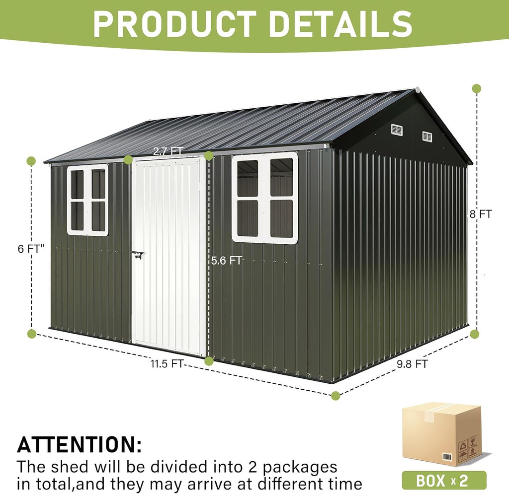 VanAcc 10 x 12FT Outdoor Storage Shed with a Lockable Hinged Door and 2 Windows, Nordic Cottage Metal Shed for Backyard, Garden, Patio, Dark Grey/White